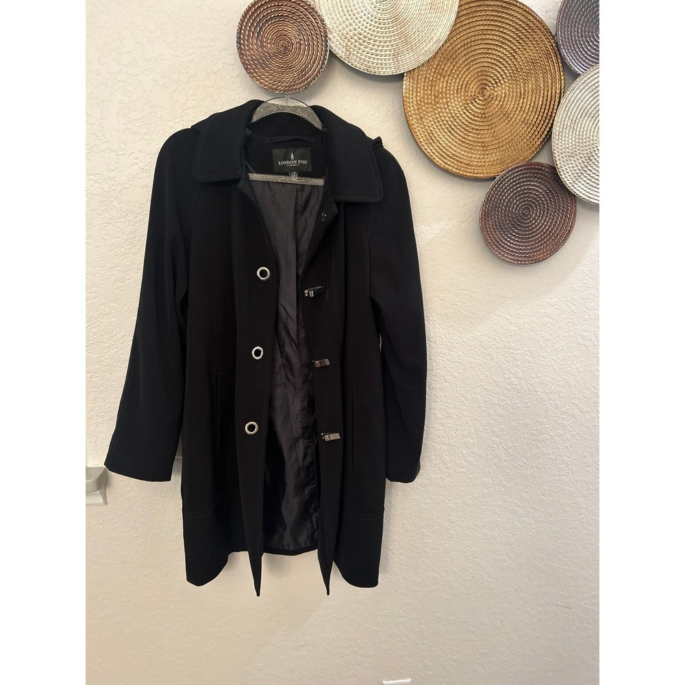 London Fog‎ black trench coat with silver toggle-style closures size Large - Picture 4 of 8